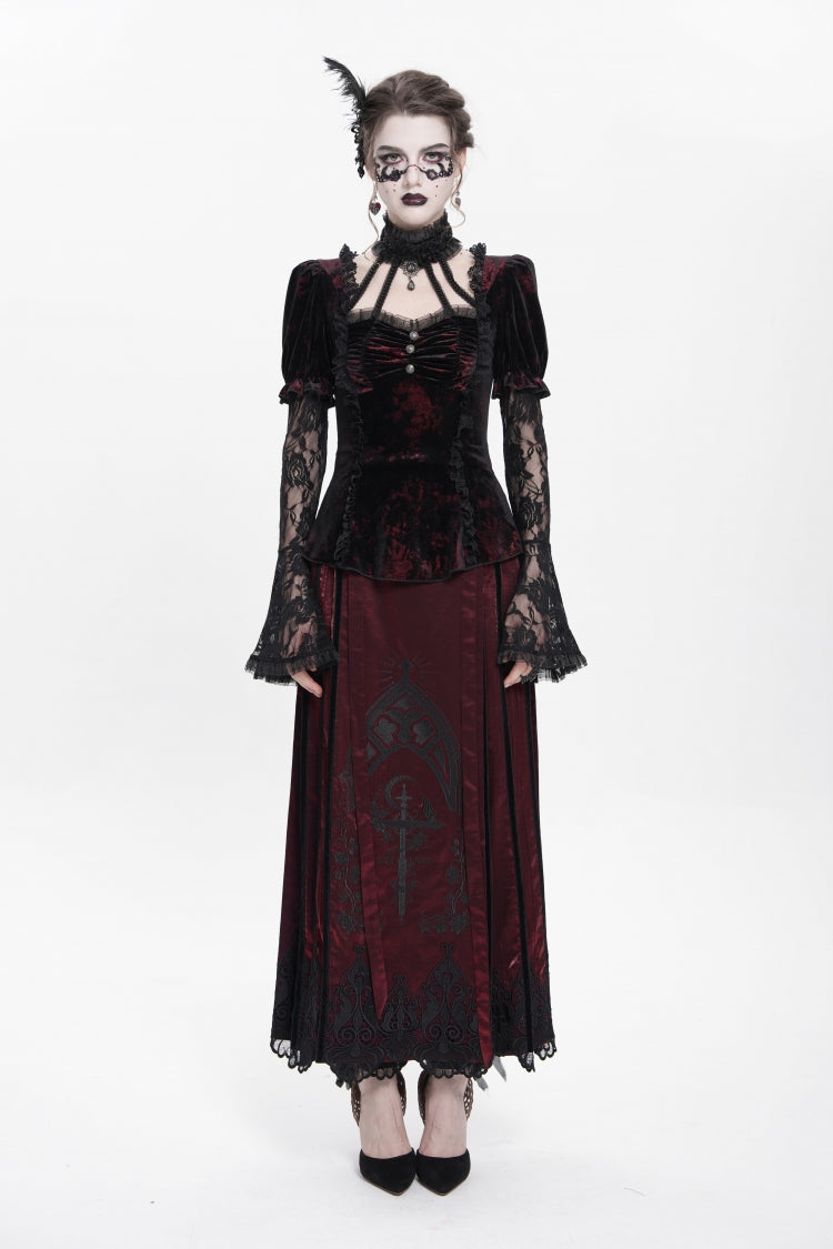 Red  Long Trumpet Sleeves Lace Mesh Faux Two-Piece Pleated Eyelet Women's Gothic Palace Velvet Blouse - Product - 2