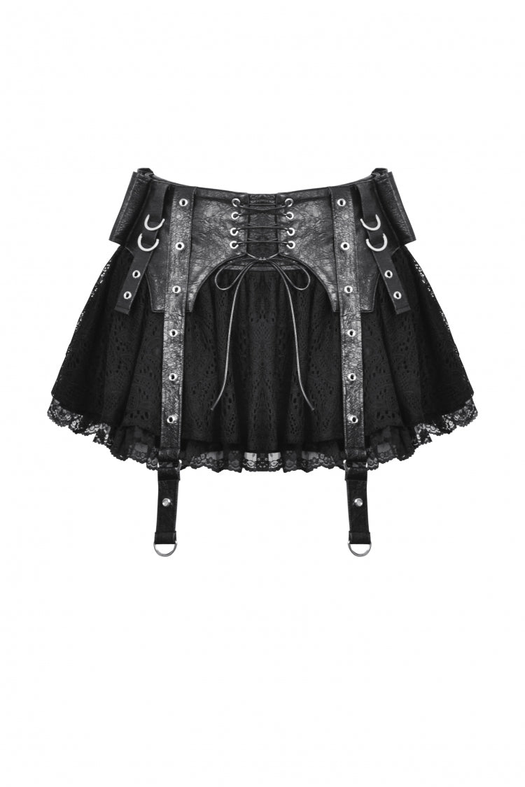 Black Faux Leather Spliced Lace Lace-Up Women's Punk Mini Skirt - Product - 3