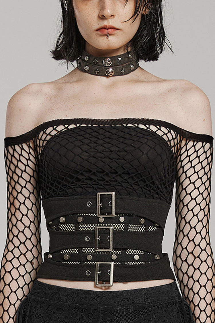 Black Stitching Mesh Cross Tied Rope Women's Steampunk Corset - Black - 1