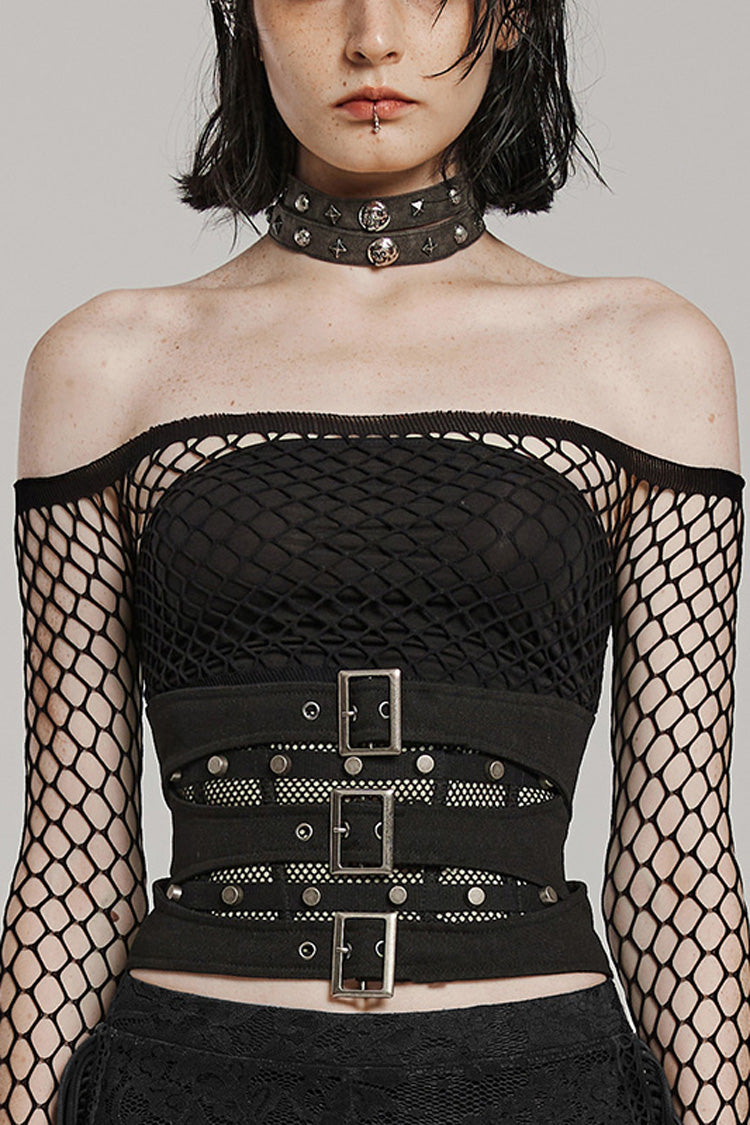 Black Stitching Mesh Cross Tied Rope Women's Steampunk Corset - Black - 1
