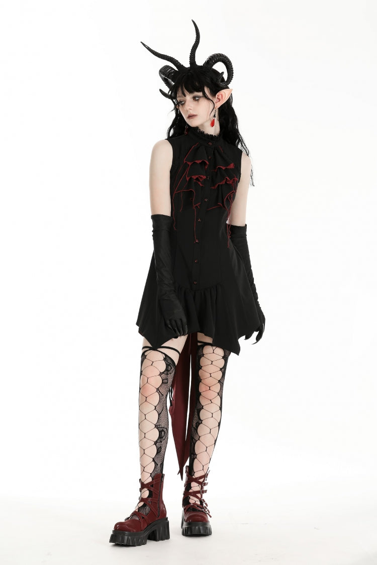 Black/Red Contrast Color Women's Gothic Ruffled Stand Collar Jabot Sleeveless Halloween Tail Dress - Product - 10