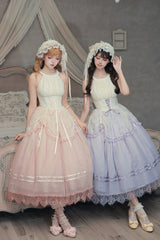 [Tulip Scent] Halterneck Sleeveless Printed Ruffled Lace Lace-Up Fishbone Sweet Lolita Jsk Dress Set (Pink/Purple 2 Colors) - Product - 6
