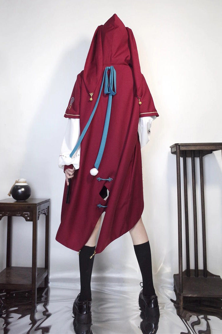 Red/White/Black Stand Collar Long Sleeves Rabbit Ears Hooded Sweet Chinese Style Prince Ouji Lolita Robe Blouse Shorts Set - Product - 3