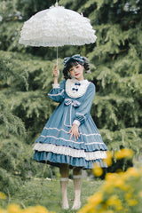 Blue Long Sleeves Bowknot Ruffled Multi-Layer Classic Lolita Op Dress - Product - 3