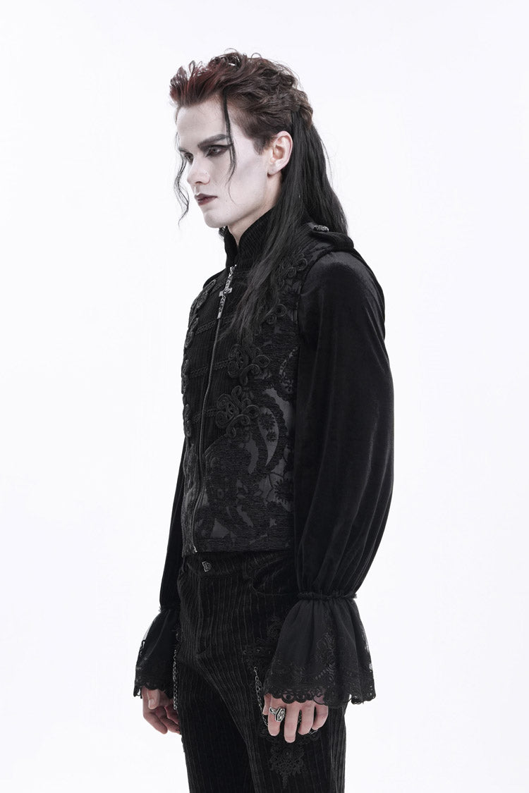 Black Stand Collar Sleeveless Floral Crochet Zipper Men's Gothic Vest - Product - 2