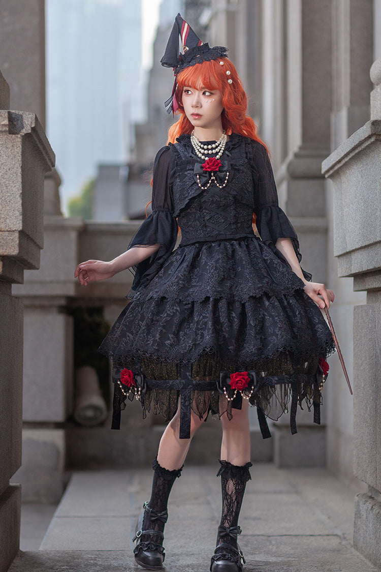 Black [Apprentice Witch] Double-Layered Ruffle Lace Gothic Lolita Skirt - Product - 5