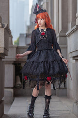 Black [Apprentice Witch] Double-Layered Ruffle Lace Gothic Lolita Skirt - Product - 5