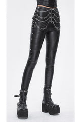 Black Chain Stud Skintight Leather Womens Punk Pants - Product - 3