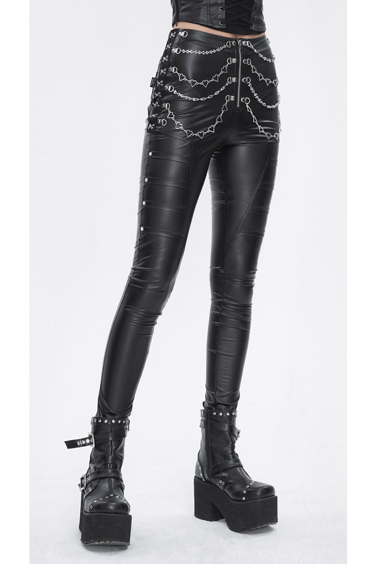 Black Chain Stud Skintight Leather Womens Punk Pants - Product - 3