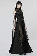 Black Off Shoulder Print Stitching Irregular Mesh Women's Gothic Dress - Product - 4