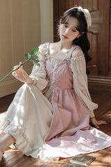 Pink/Apricot Square Collar Long Sleeves Ruffled Embroidered Lace-Up Sweet Lolita Two-Piece Dress Set - Product - 10