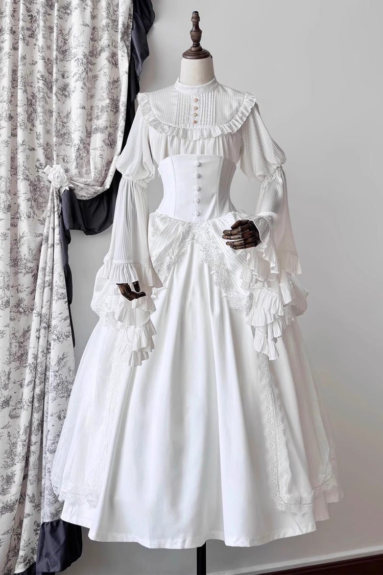 White [Sleepwalking] Long Hime Sleeves Stitching Lace Plus Size Gothic Elegant Lolita Skirt Set - White - 1