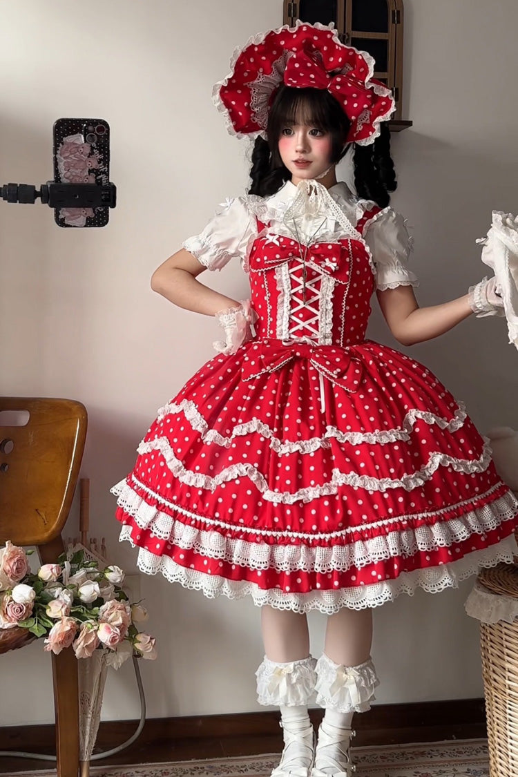 【Polka Dots】レッド スイートロリータワンピース｜フリル、リボン、レースアップ、プリント – 記載アイテムのみ 商品画像