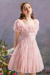 Pink Vintage Square Collar Ruffled Princess Short Sleeve Dot Print High Waisted Mesh Sweet Lolita Dress - Product - 3