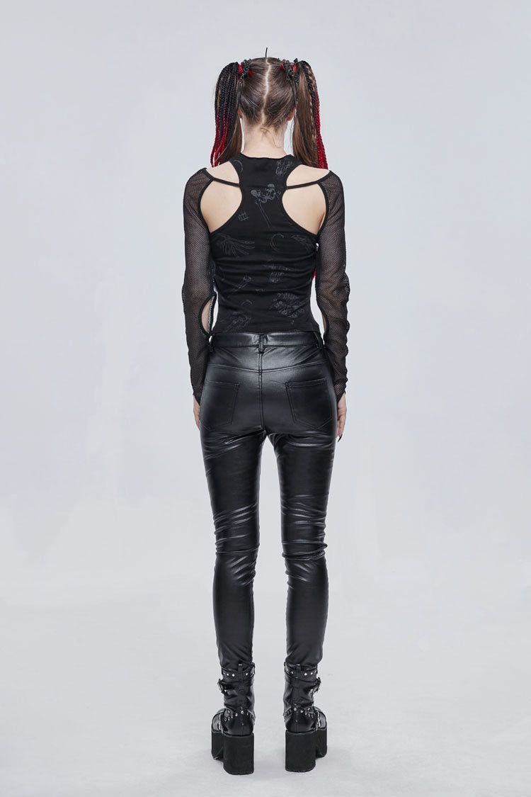 Black Pentagram Leather Striped Long Sleeve Women's Gothic T-Shirt - Product - 5