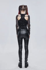Black Pentagram Leather Striped Long Sleeve Women's Gothic T-Shirt - Product - 5