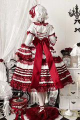 White/Red [Layered Red Velvet] Short Sleeves Ruffle Bowknot Lace Sweet Lolita Dress - Product - 4