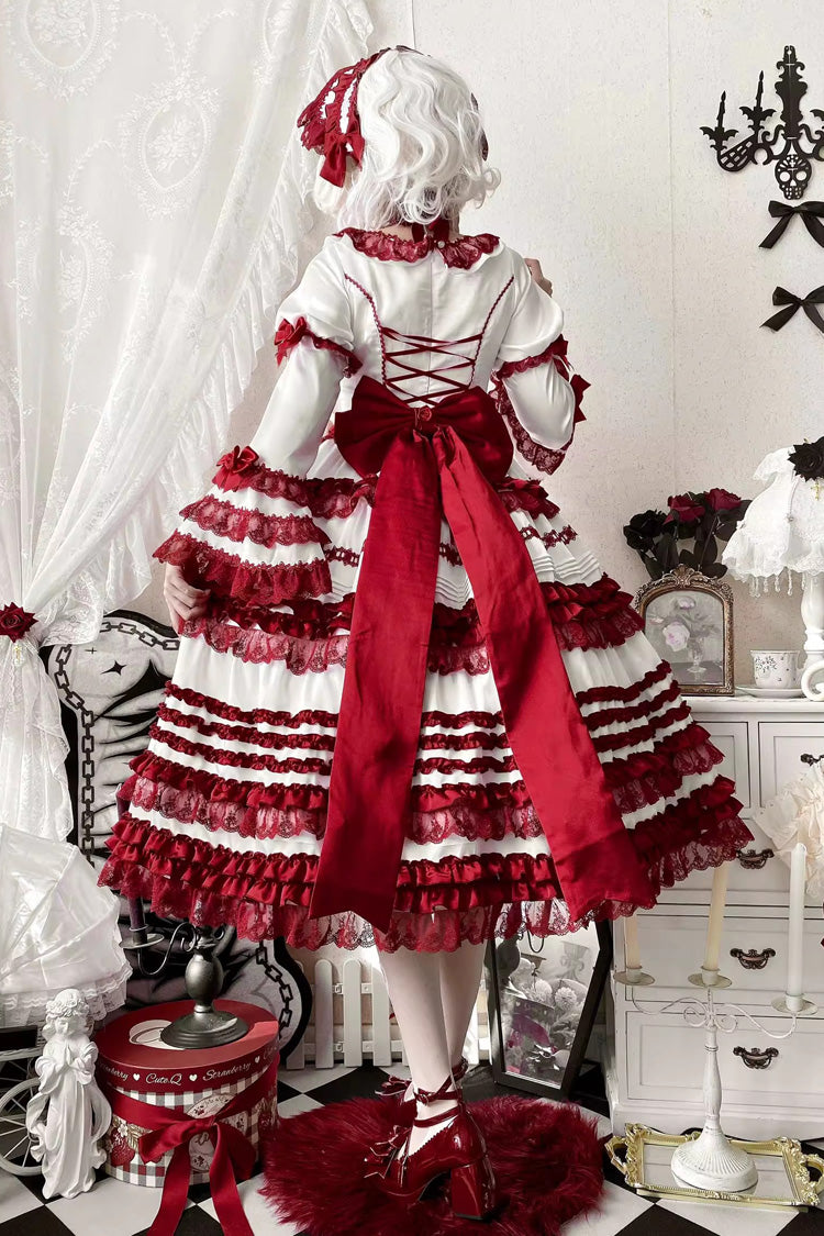 White/Red [Layered Red Velvet] Short Sleeves Ruffle Bowknot Lace Sweet Lolita Dress - Product - 4