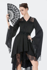 Black V Collar Long Trumpet Sleeves Lace Sheer Women's Gothic Kimono High Low Long Dress - Black - 1