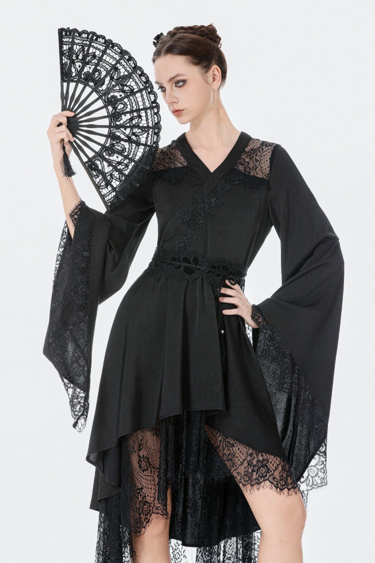 Black V Collar Long Trumpet Sleeves Lace Sheer Women's Gothic Kimono High Low Long Dress - Black - 1