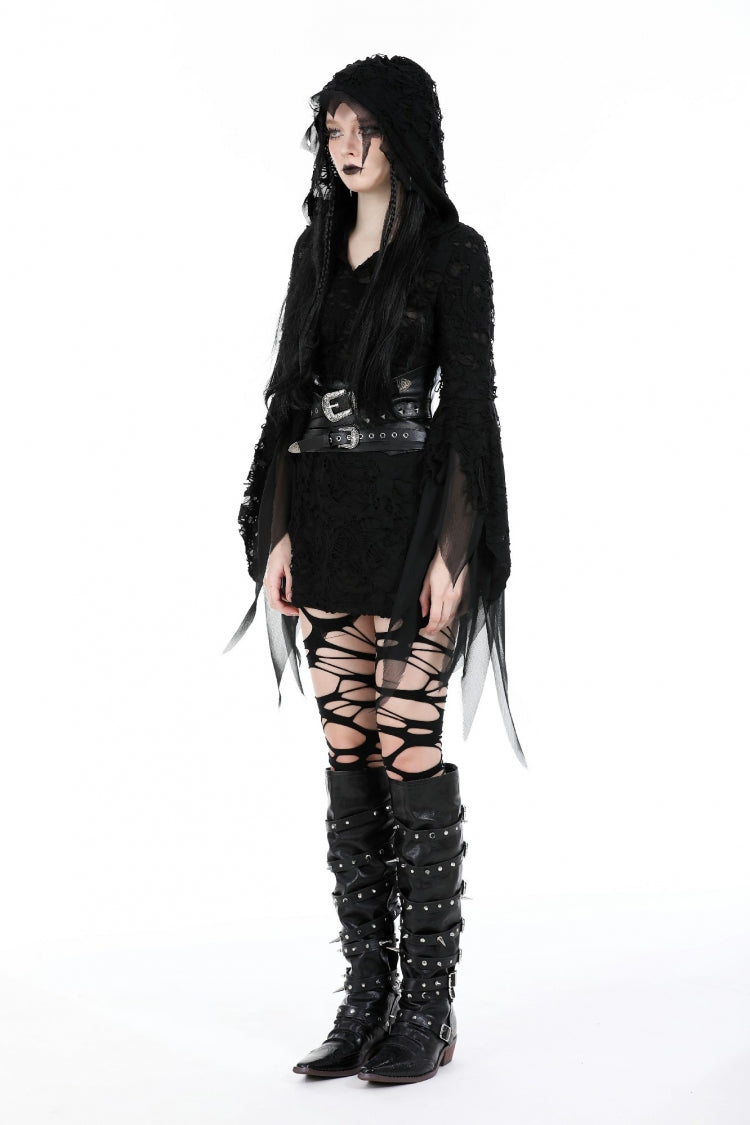 Black Evil Devil Long Flared Sleeves Ripped Women's Gothic Hooded Slim Dress - Product - 2