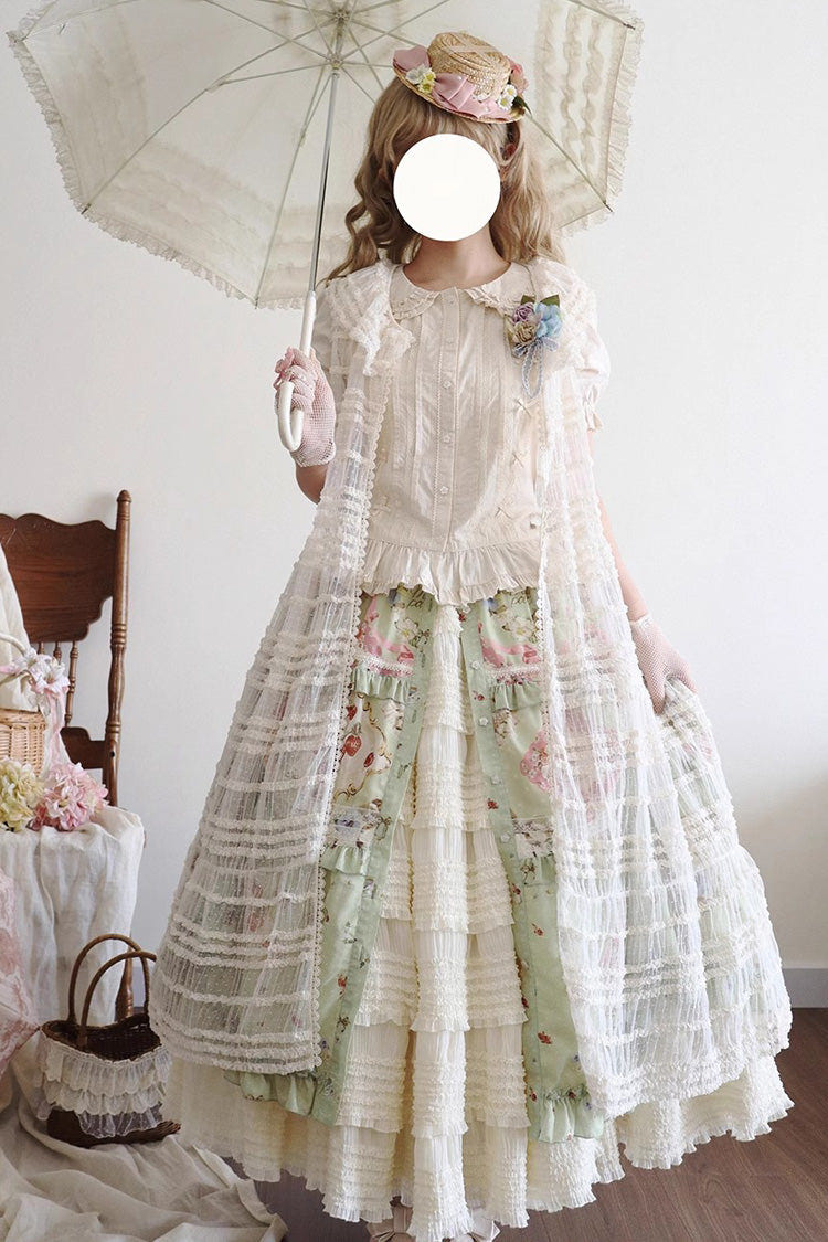 Green [Cat Rose Tea] Print Ruffle Daily Sweet Lolita Skirt - Product - 6