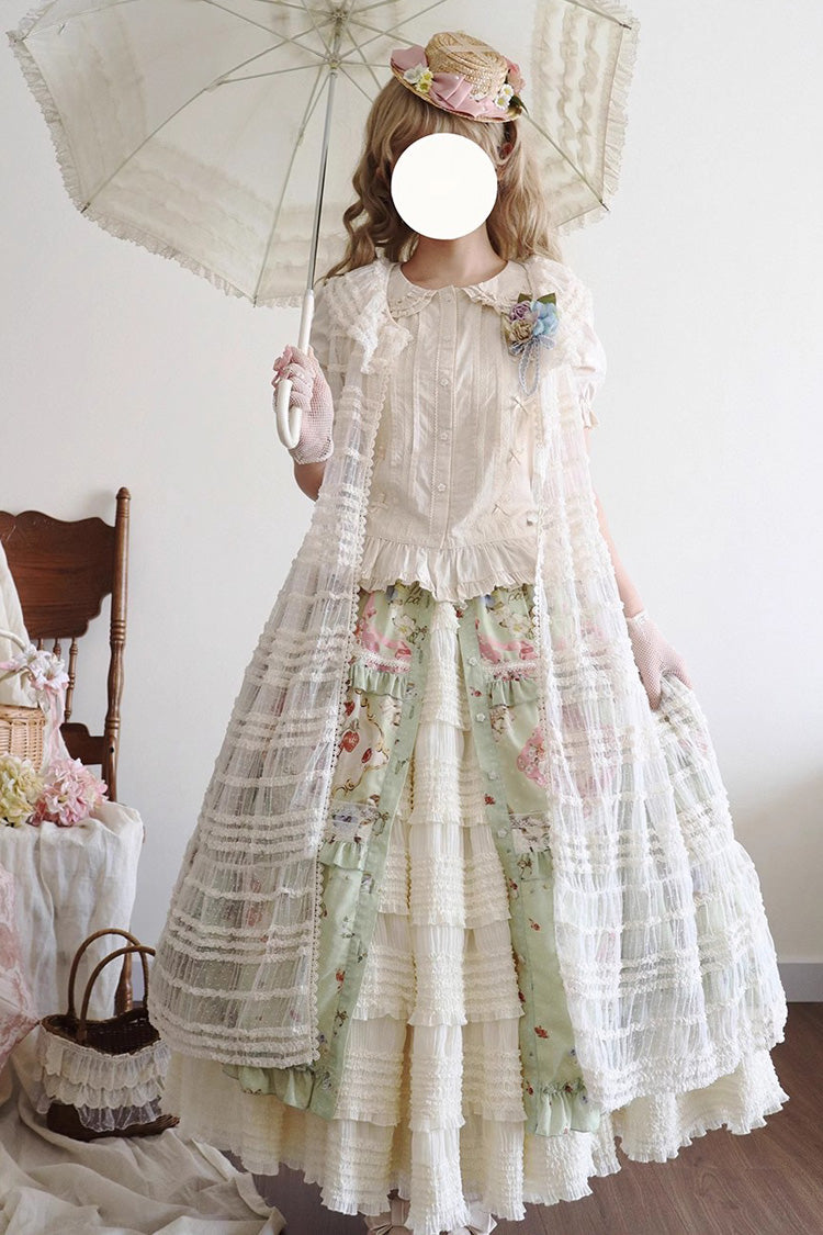 Green [Cat Rose Tea] Print Ruffle Daily Sweet Lolita Skirt - Product - 6