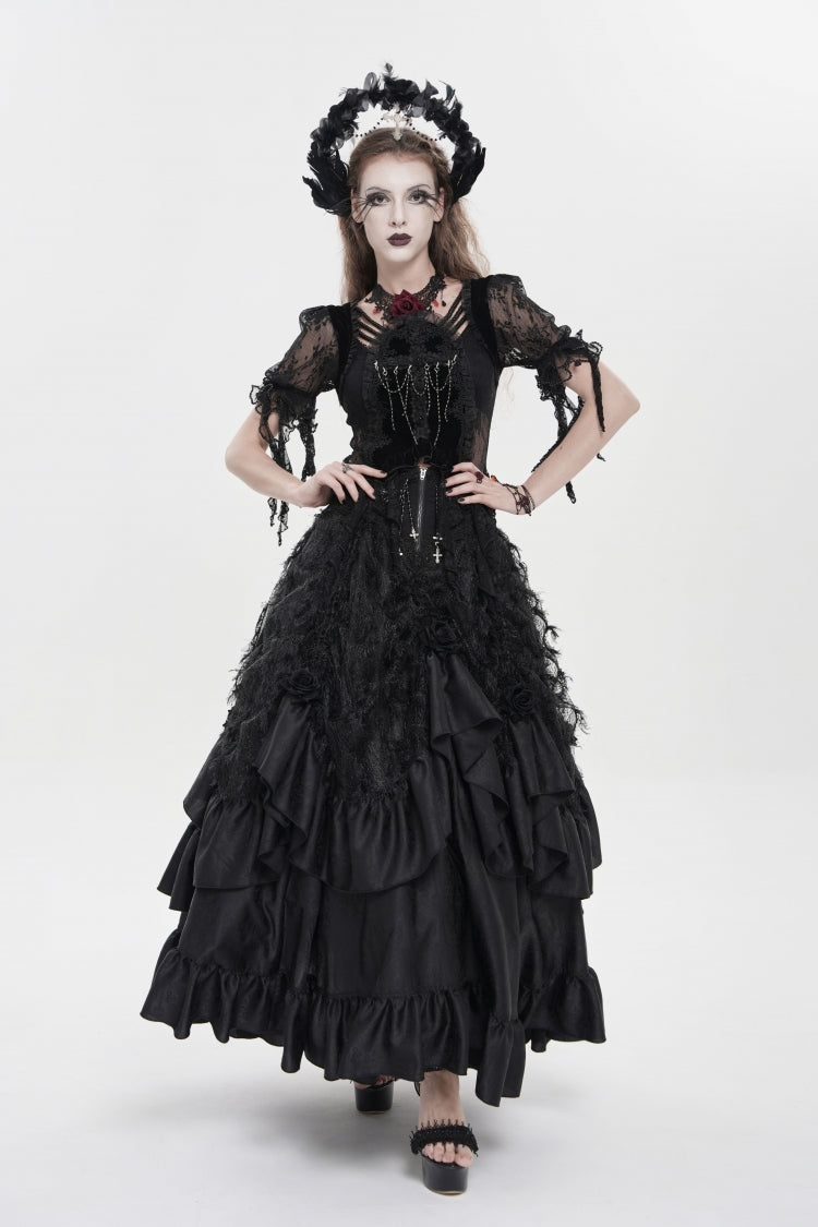 Black Women's Gothic Cross Rose Beaded Long Skirt Gorgeous Skirt - Black - 1