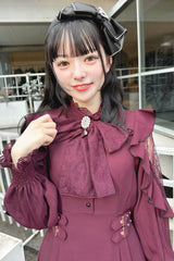 Rose Red Stand Collar Off Shoulder Long Sleeves Hollow Bowknot Slim Jirai Kei Japanese Dress - Product - 2