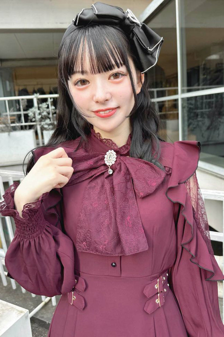 Rose Red Stand Collar Off Shoulder Long Sleeves Hollow Bowknot Slim Jirai Kei Japanese Dress - Product - 2
