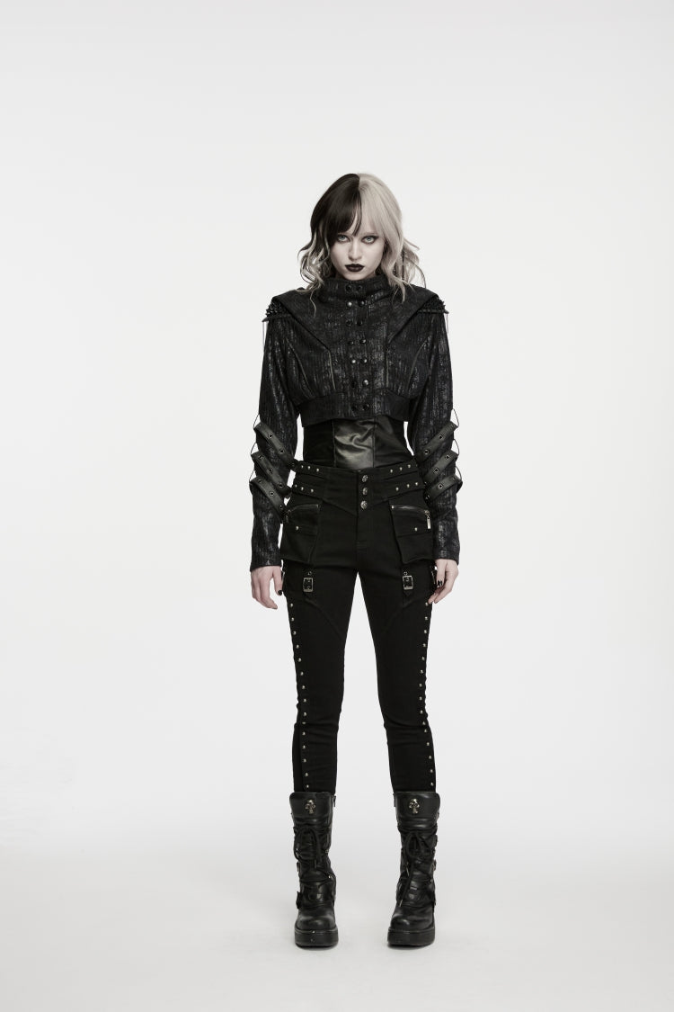 Black Slim Fit Studded Women's Punk Cool Pants with Pockets - Product - 6