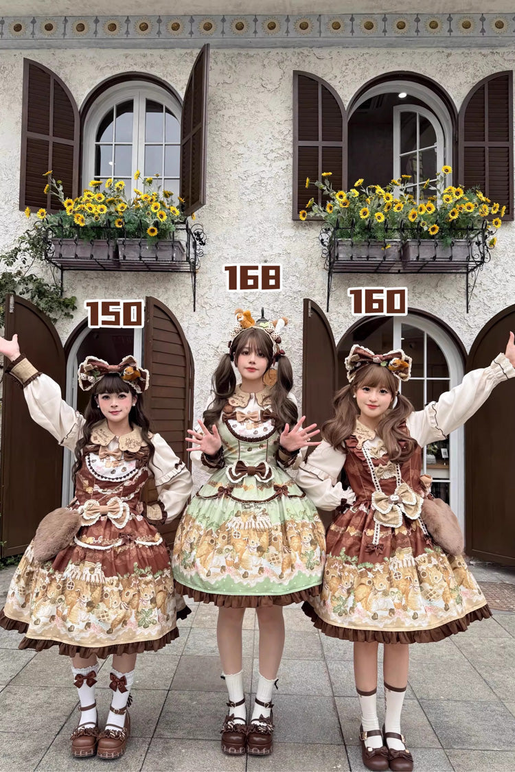Green [Squirrel Chocolate Shop] Doll Collar Long Sleeves Printed Ruffled Bow Sweet Lolita Dress - Product - 5