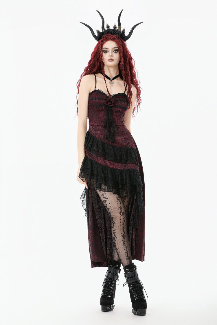 Black/Red Rose Irregular Multi-Layered Lace Ruffled Women's Gothic Slip Dress Wedding Dress - Product - 7