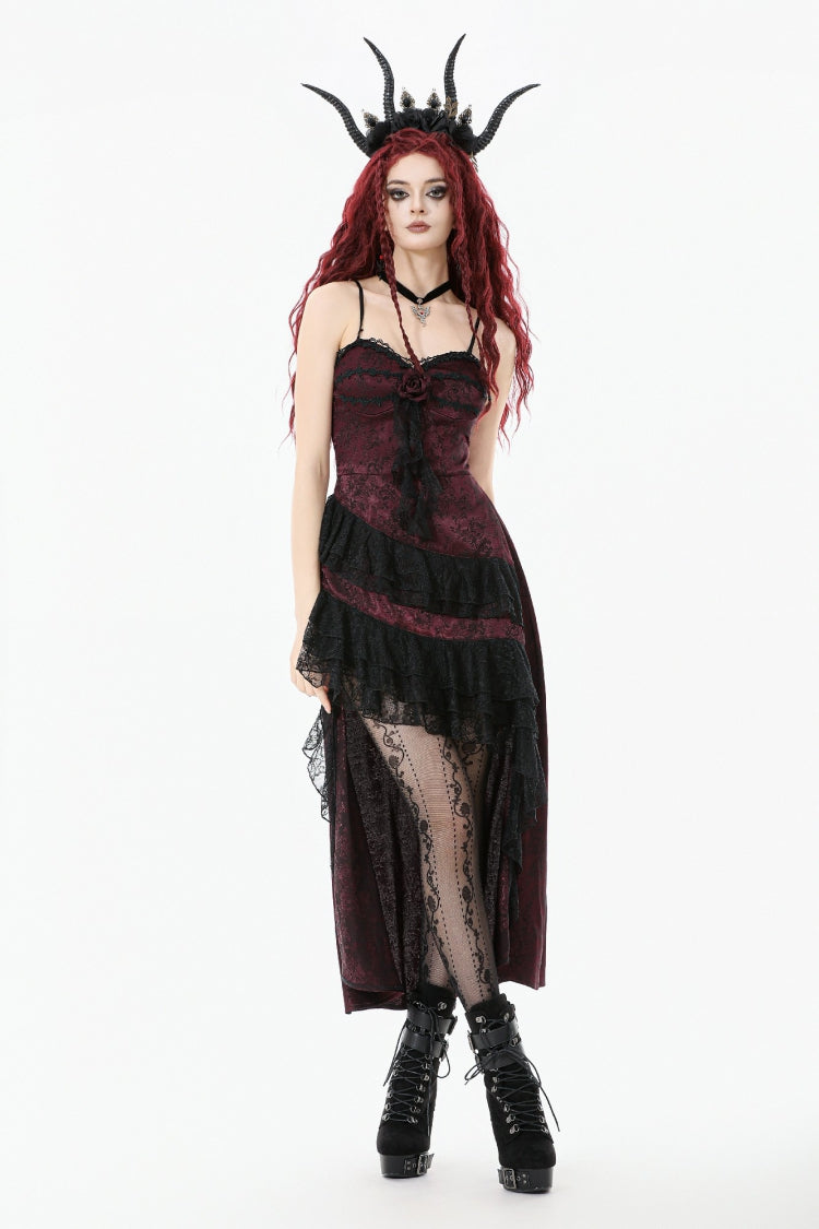 Black/Red Rose Irregular Multi-Layered Lace Ruffled Women's Gothic Slip Dress Wedding Dress - Product - 7