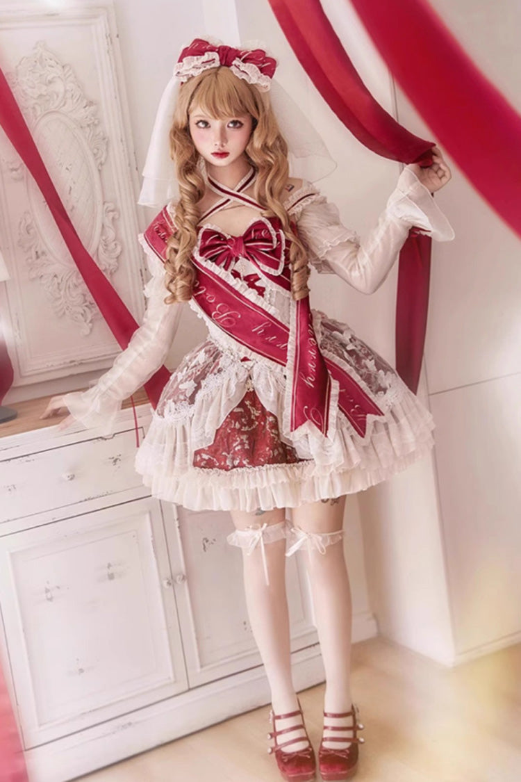 Red [Lilibet] Print Ruffle Cardigan Bowknot Lace Fishbone Sweet Lolita Dress - Product - 3