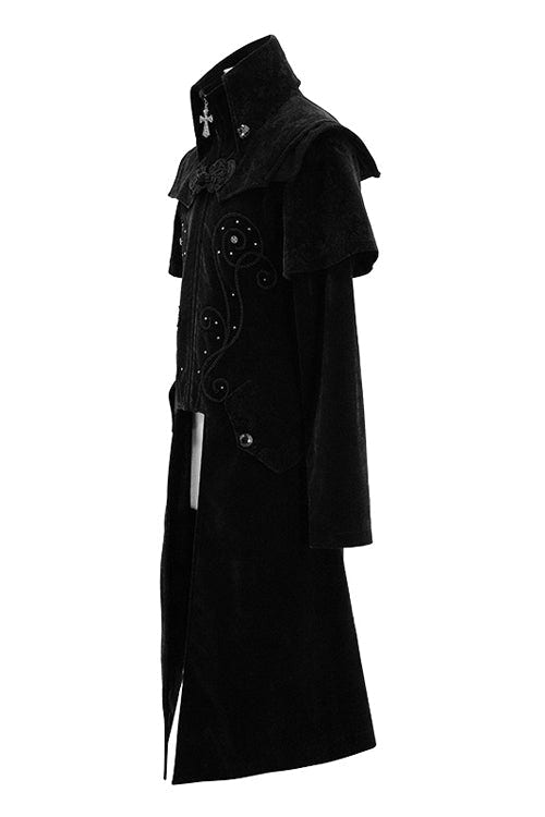 Black Hand Embroidered Cape Collar Velveteen Gothic Mens Coat - Product - 5