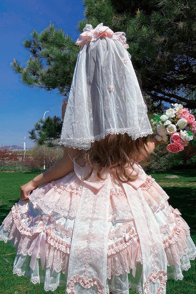 Pink [Heart Bear] Square Collar Flutter Sleeves Jacquard Ruffled Bow Lace Sweet Lolita Jsk Dress - Product - 4