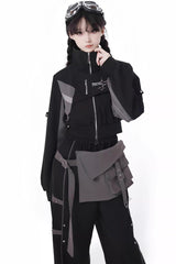 Black [Holographic Cruise] Techwear Long Sleeves Spliced Zippered Gothic Jirai Kei Pants and Short Coat Set - Product - 3