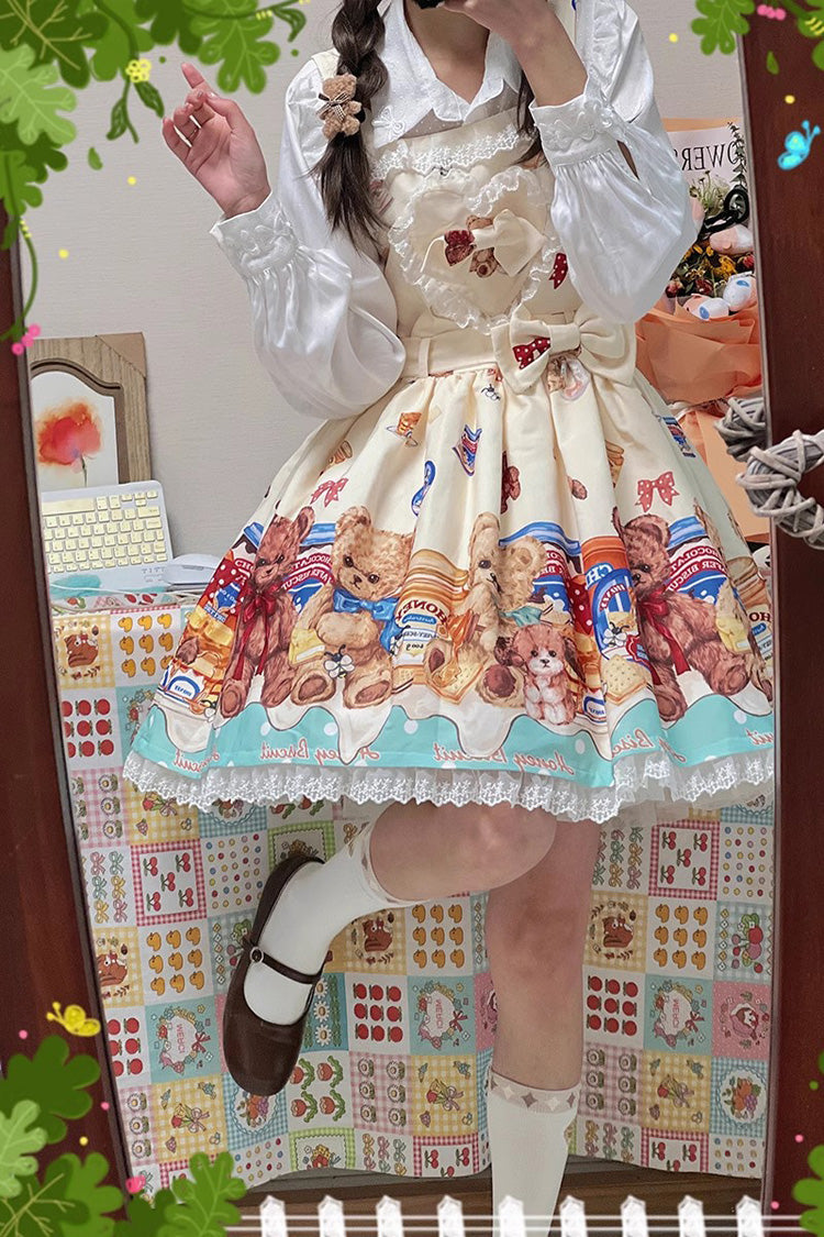 Honey Bear Cafe Print Bowknot Lace Sweet Lolita Jsk Dress 2 Colors - Yellow - 7