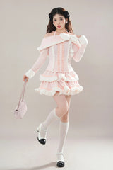 Pink Long Sleeves Ruffle Bowknot Lace Sweet Princess Lolita Tiered Top Skirt Set - Product - 5