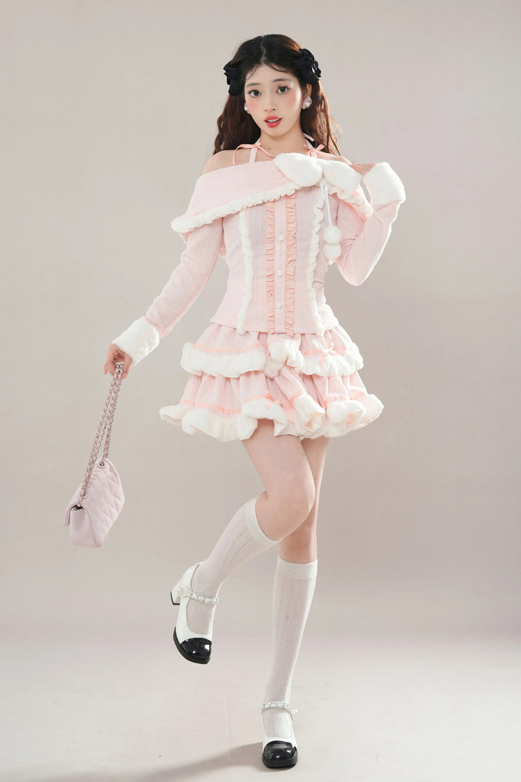 Pink Long Sleeves Ruffle Bowknot Lace Sweet Princess Lolita Tiered Top Skirt Set - Product - 5