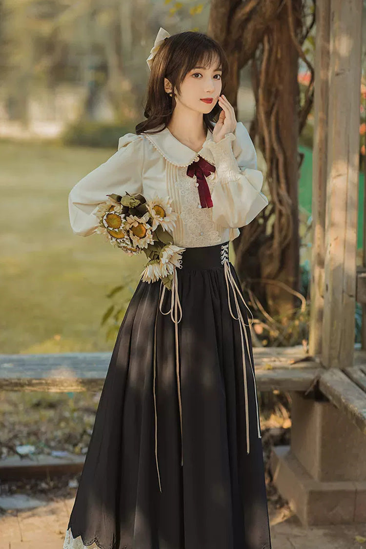 Black Lapel Collar Long Sleeves High Waisted Lace-Up Wave Hem Classic Lolita Two-Piece Skirt Set - Black - 1