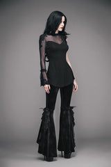 Black Gothic Lace Hem Embossed Velvet Flare Womens Pants - Product - 4
