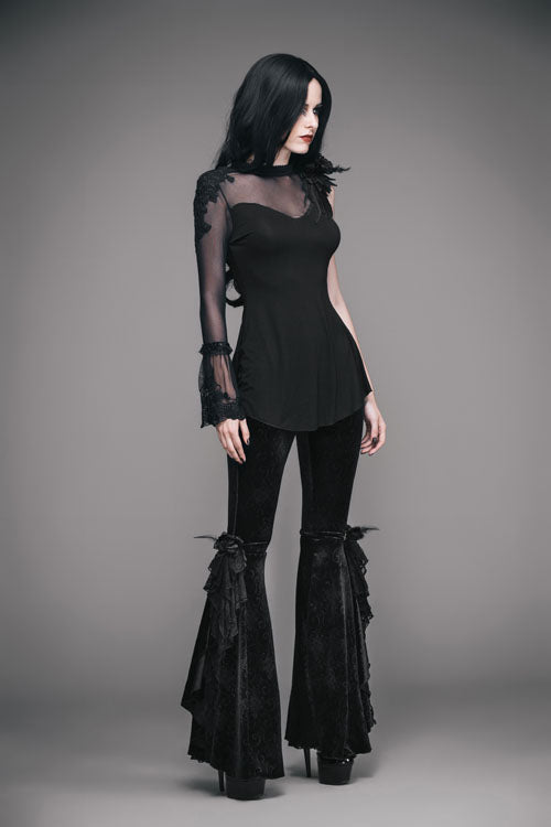 Black Gothic Lace Hem Embossed Velvet Flare Womens Pants - Product - 4