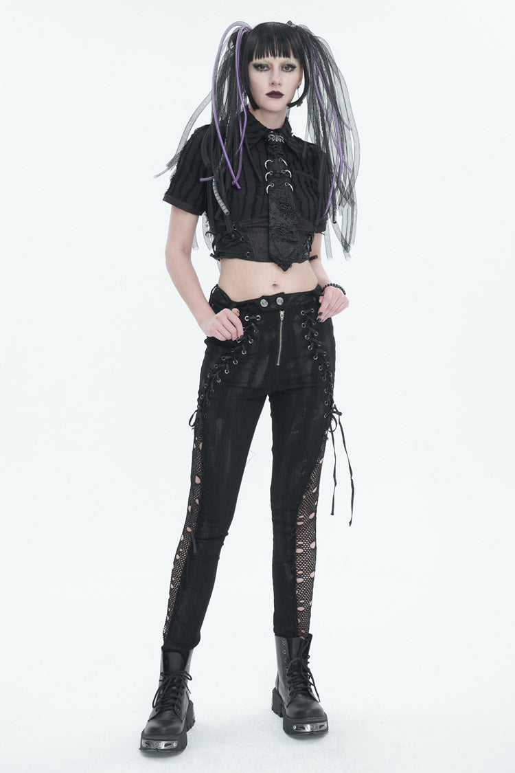 Black Stretch Twill Paneled Mesh Perforated Women's Punk Trousers - Product - 6
