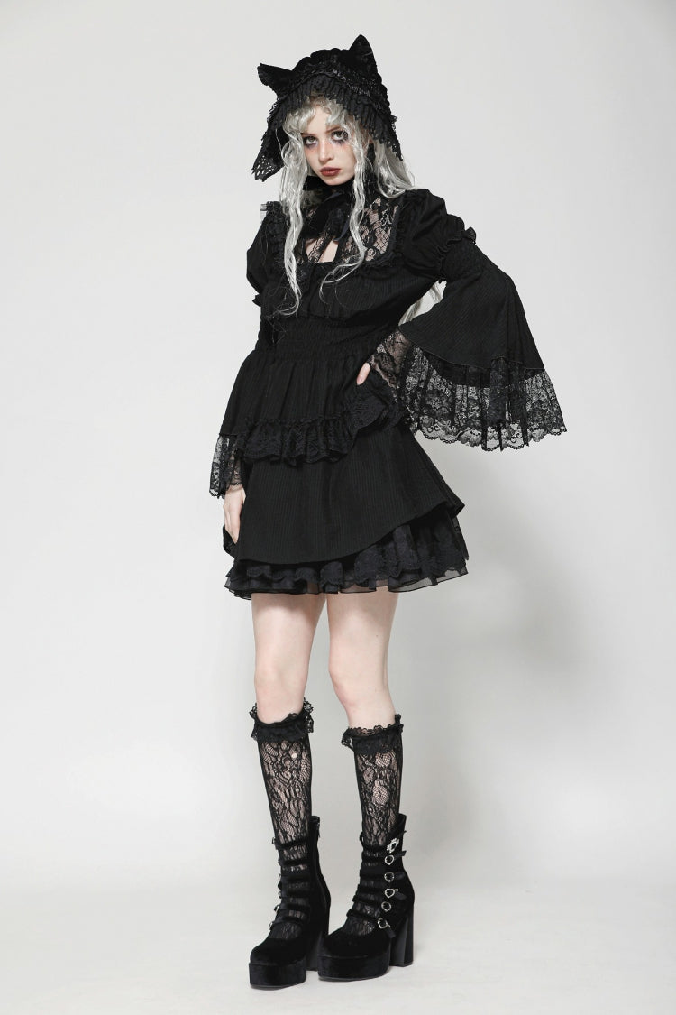 Black Lace Ruffled Stand Collar Long Puff Sleeves Cut-Out Women's Gothic Grad Dress - Product - 2