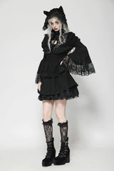 Black Lace Ruffled Stand Collar Long Puff Sleeves Cut-Out Women's Gothic Grad Dress - Product - 2