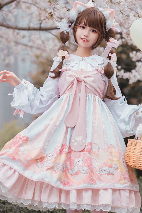 Pink Dog Donuts Print Bowknot Ruffled Sweet Lolita JSK Dress - Product - 2