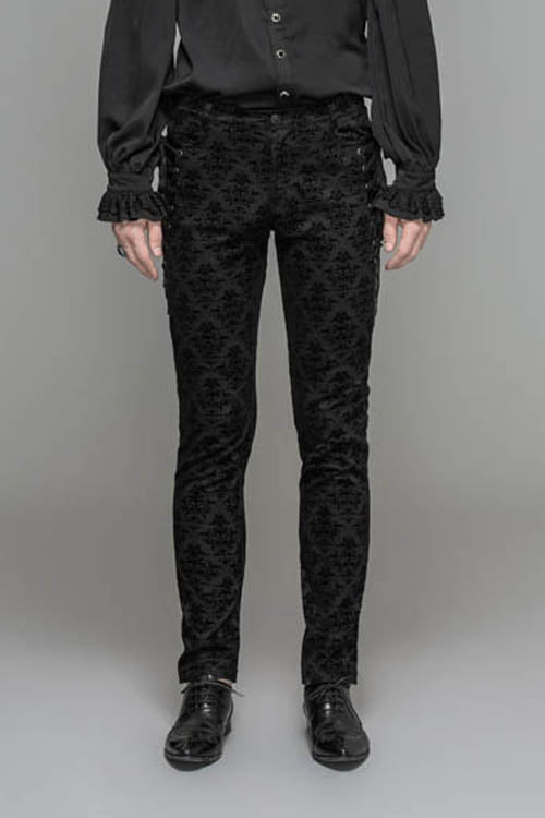 Black Party Court Flocking Patterned Gothic Mens Pants - Black - 1