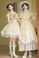 Yellow [Falling Flowers as a Message] Square Collar Short Sleeves Print Ruffle Lace Sweet Elegant Lolita Long Dress - Product - 14